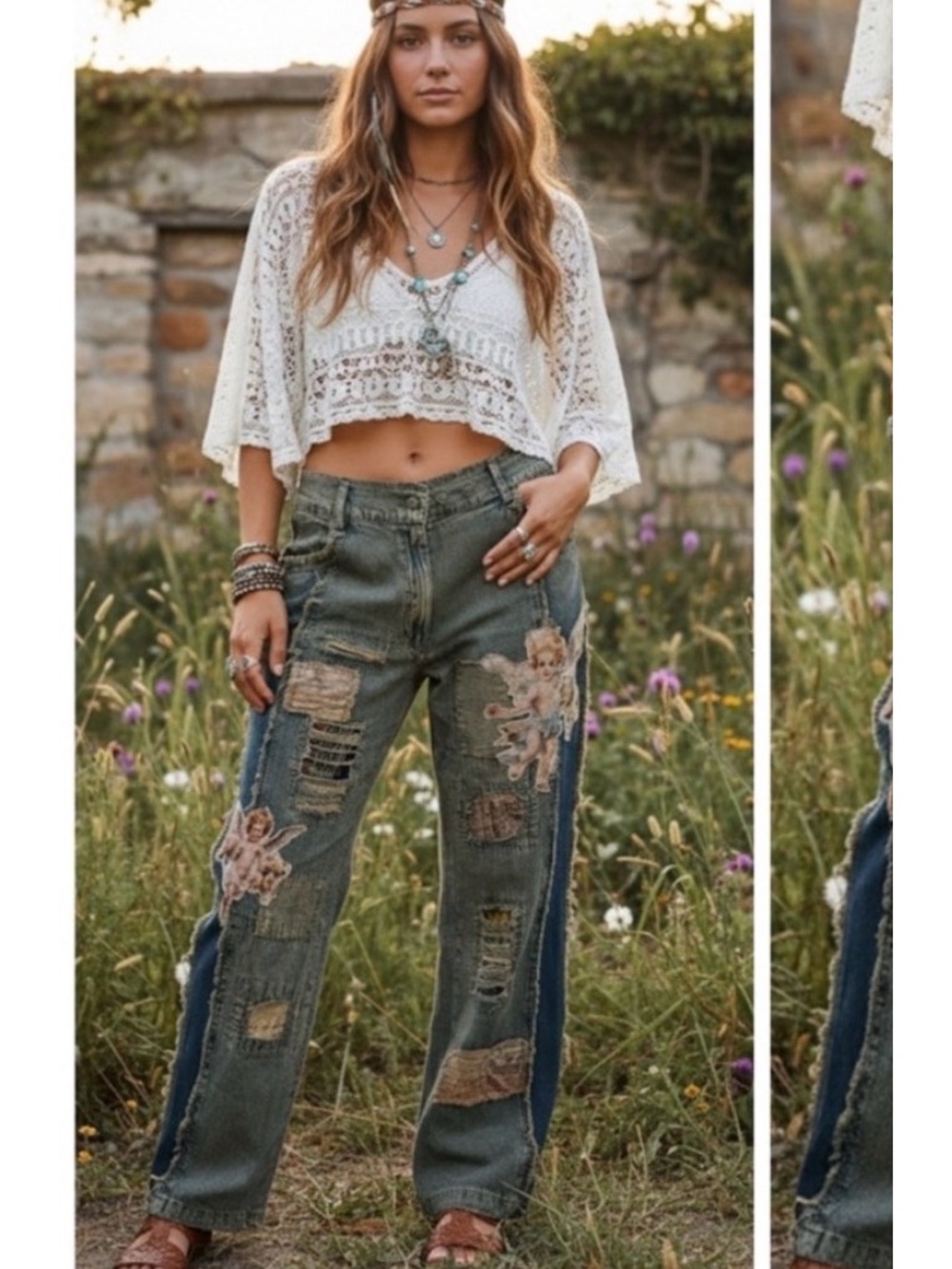 Embellished Wide-Leg Patchwork Jeans - Olive Green
